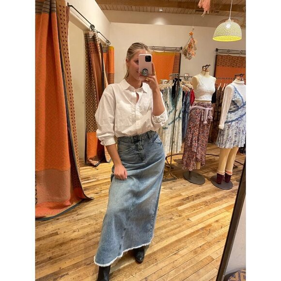 FREE PEOPLE We The Free Come As You Are Denim Maxi Skirt in Wash Medium Indigo - Picture 1 of 15